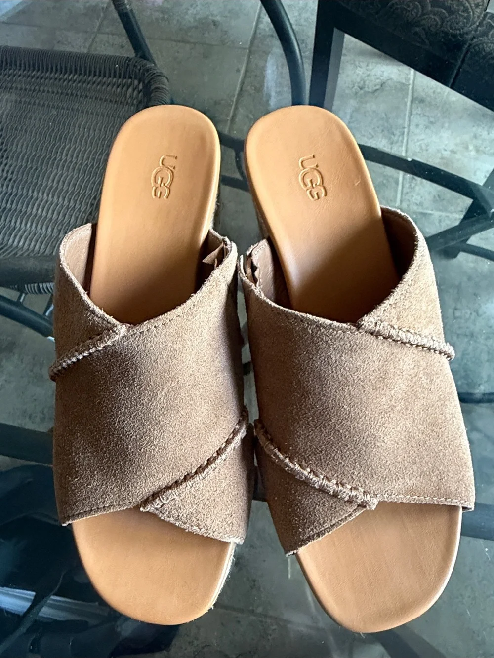 UGG Women's Tan Suede Cross-Band Espadrille Slide